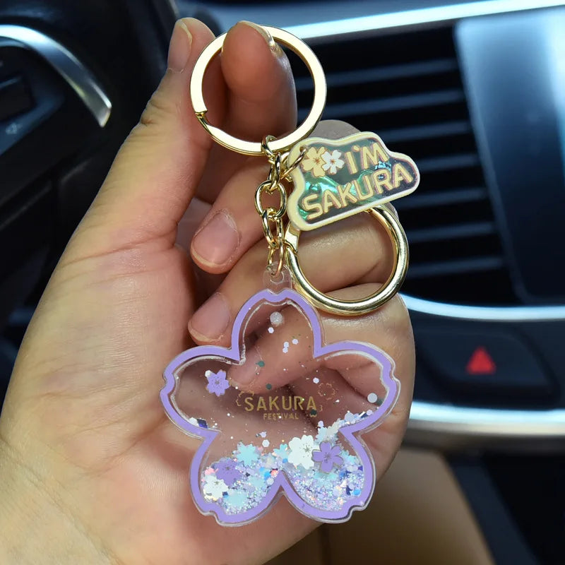 Creative Acrylic Quicksand Into Oil Cherry Blossom Key Chain Cute Couple Bag Pendant Keyfob Floating Liquid Sakura Keychain Gift