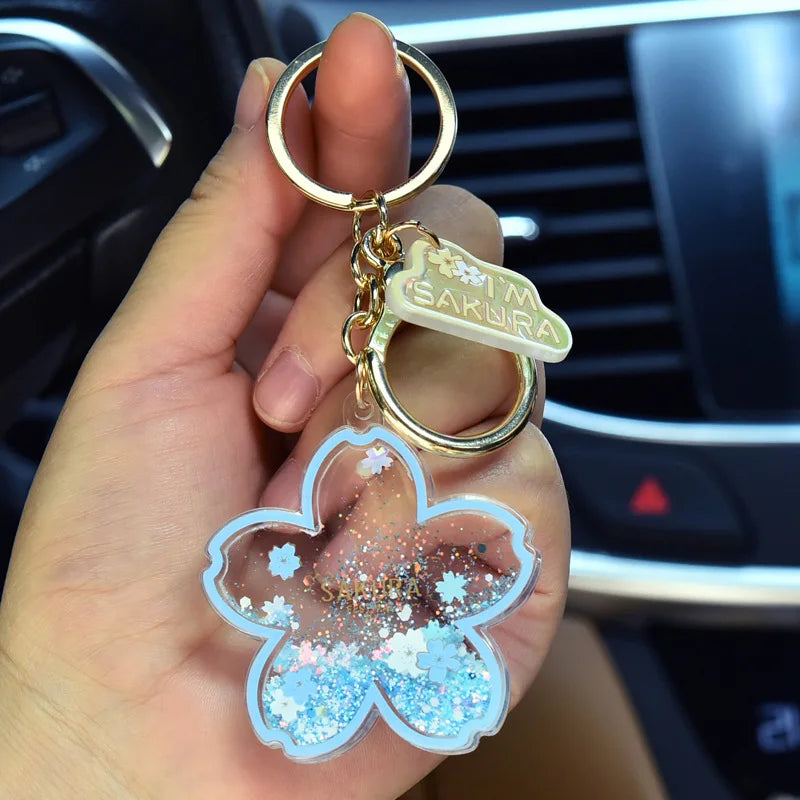 Creative Acrylic Quicksand Into Oil Cherry Blossom Key Chain Cute Couple Bag Pendant Keyfob Floating Liquid Sakura Keychain Gift