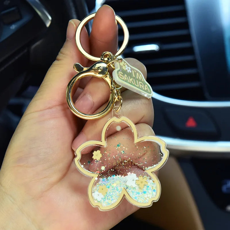 Creative Acrylic Quicksand Into Oil Cherry Blossom Key Chain Cute Couple Bag Pendant Keyfob Floating Liquid Sakura Keychain Gift