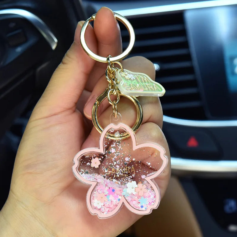 Creative Acrylic Quicksand Into Oil Cherry Blossom Key Chain Cute Couple Bag Pendant Keyfob Floating Liquid Sakura Keychain Gift