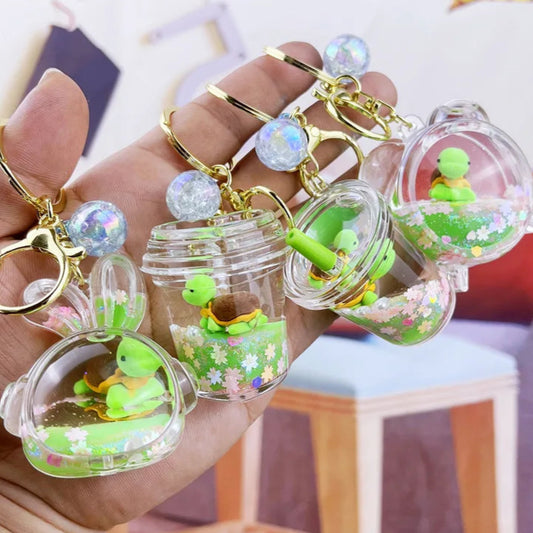 Creative Cartoon Fresh Green Turtle Floating Oil Quicksand Bottle Keychain Package Pendant