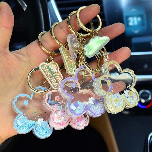 Creative Acrylic Quicksand Into Oil Cherry Blossom Key Chain Cute Couple Bag Pendant Keyfob Floating Liquid Sakura Keychain Gift